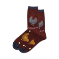 Pair of maroon crew socks with a navy cuff. Features illustrations of chickens and eggs. Text reads 'Cooped Up'.
