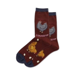 maroon women's fuzzy crew socks with a cartoon chicken pattern and 