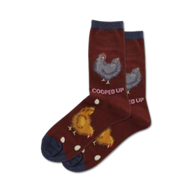 maroon women's fuzzy crew socks with a cartoon chicken pattern and "cooped up" in pink text.  
