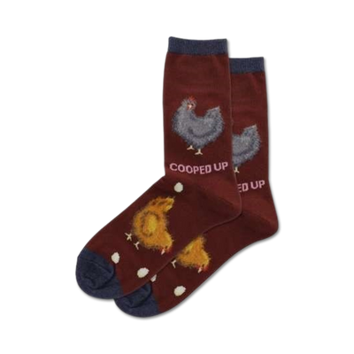 maroon women's fuzzy crew socks with a cartoon chicken pattern and "cooped up" in pink text.  