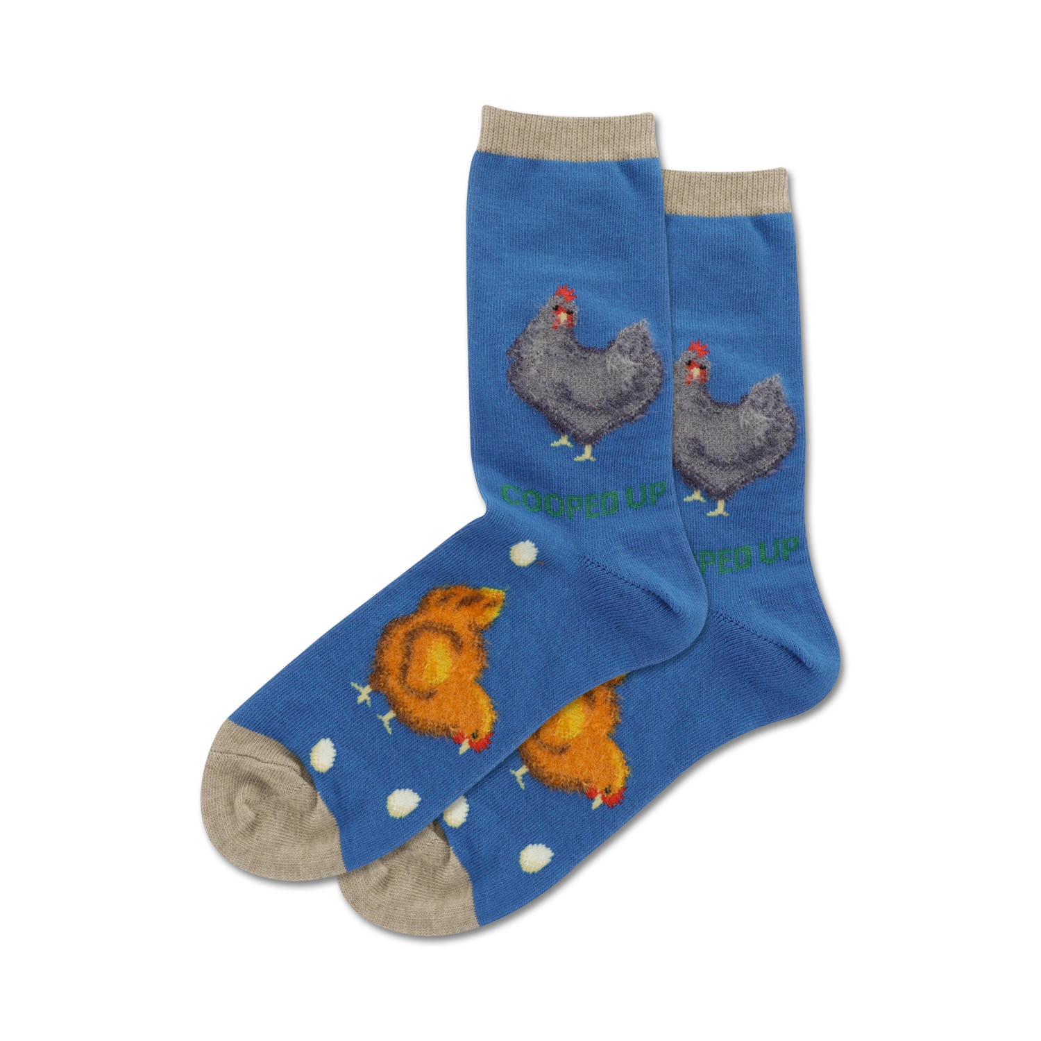 Lifestyle shot of 'Cooped Up Fuzzy' socks on a model's feet. The socks are blue.