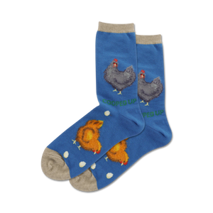 blue women's crew socks feature a cartoon chicken character and the words 
