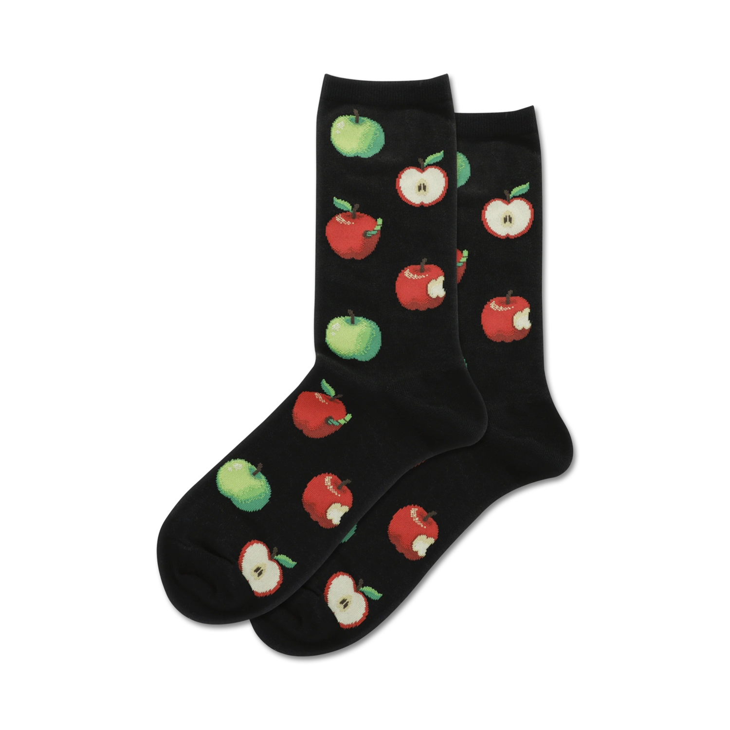 Pair of crew socks in black featuring a pattern of red and green apples, some with bites taken out.