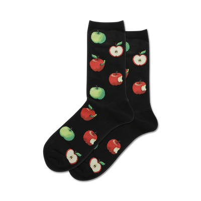 womens crew sock with black, red and green apple pattern and white worm accents.   