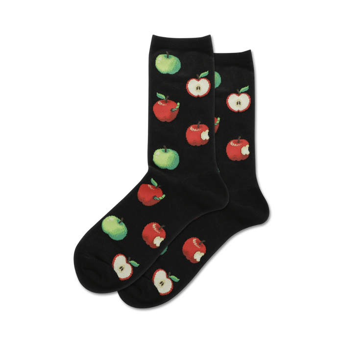 womens crew sock with black, red and green apple pattern and white worm accents.   