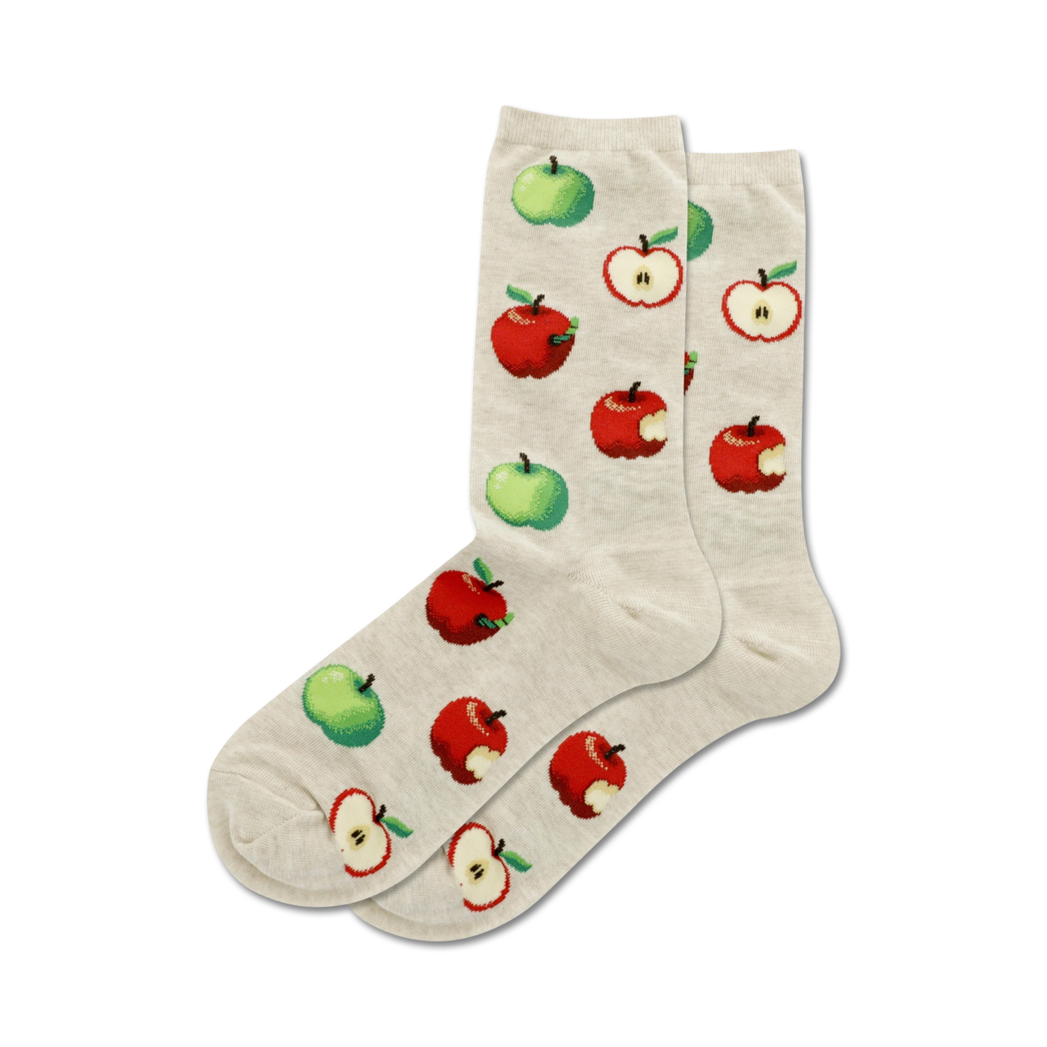 Close-up of Yummy Apples socks in beige showing the apple pattern.