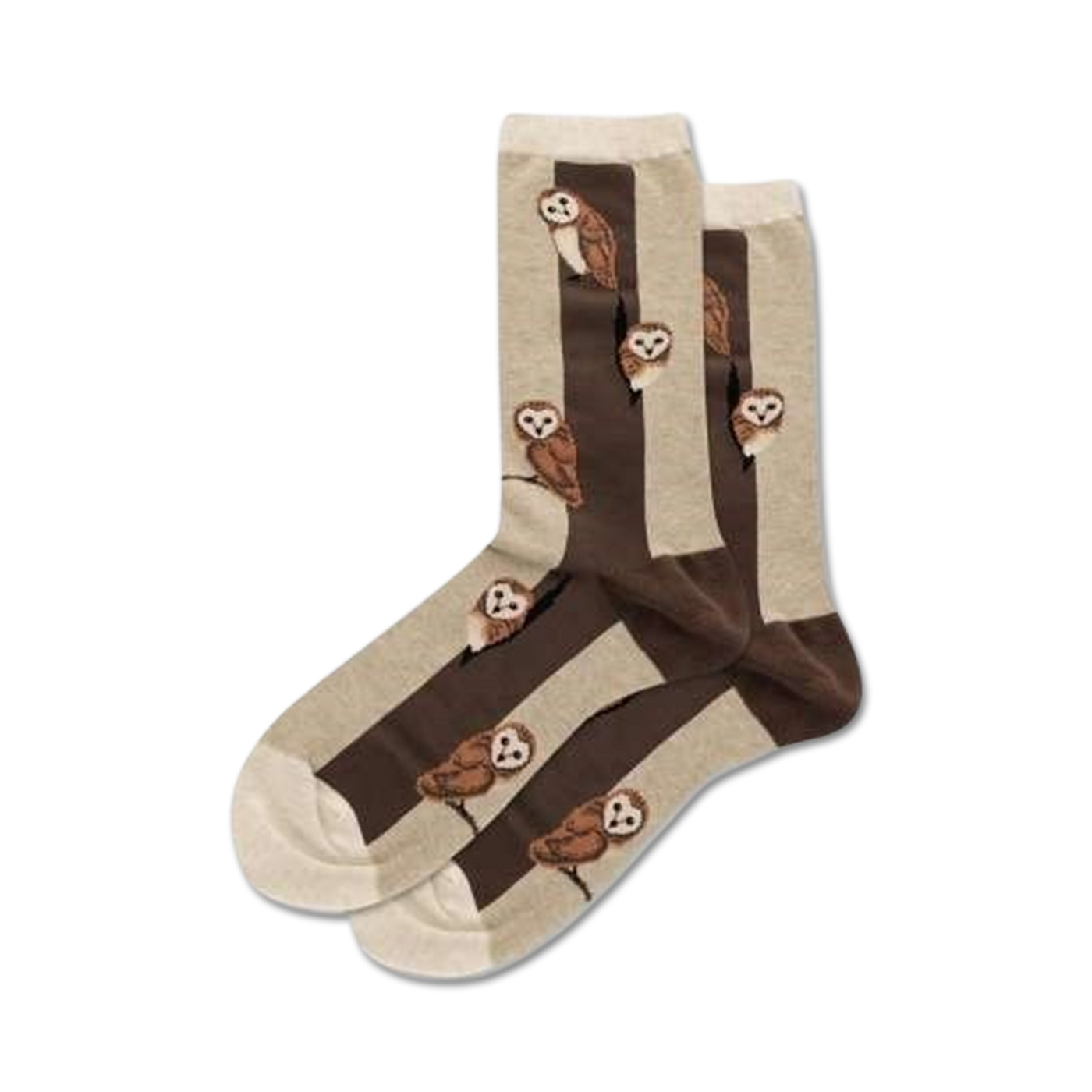 Pair of cream and brown crew socks featuring repeating illustrations of barn owls perched on branches.