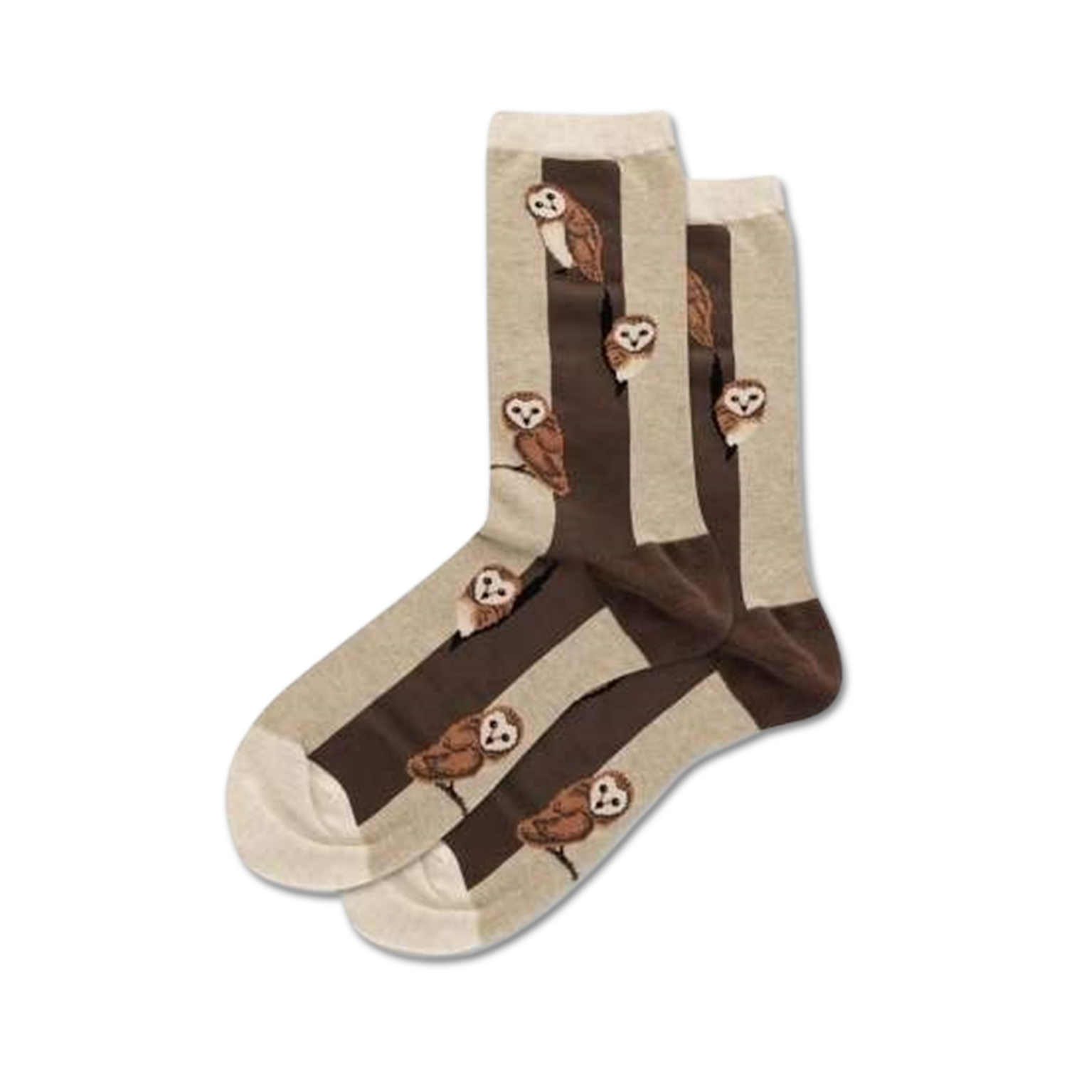 Pair of cream and brown crew socks featuring repeating illustrations of barn owls perched on branches.
