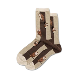 womens crew socks with a pattern of brown and white owls arranged in a column.  