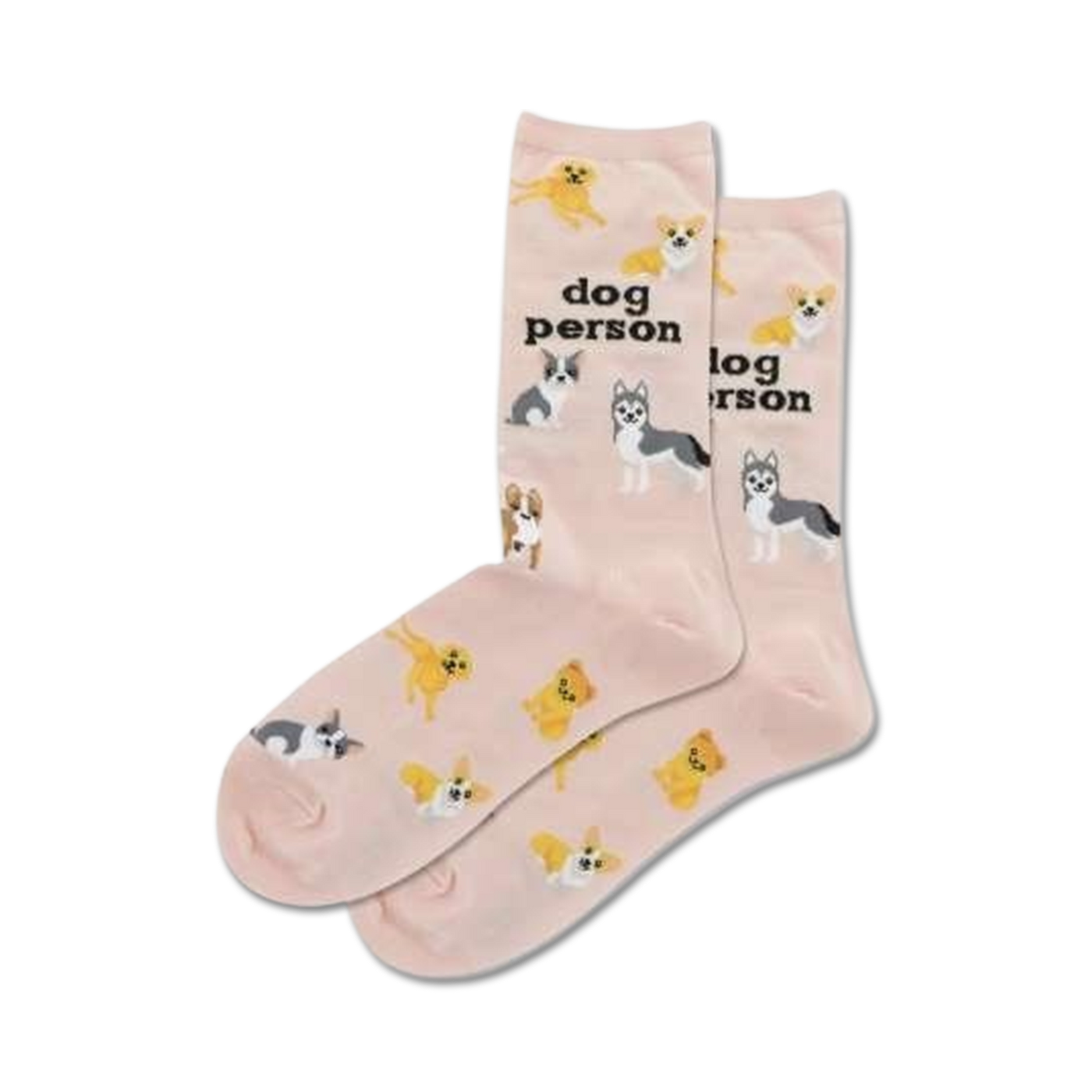 Pair of pink crew socks featuring various dog breeds and the text 'Dog Person'.