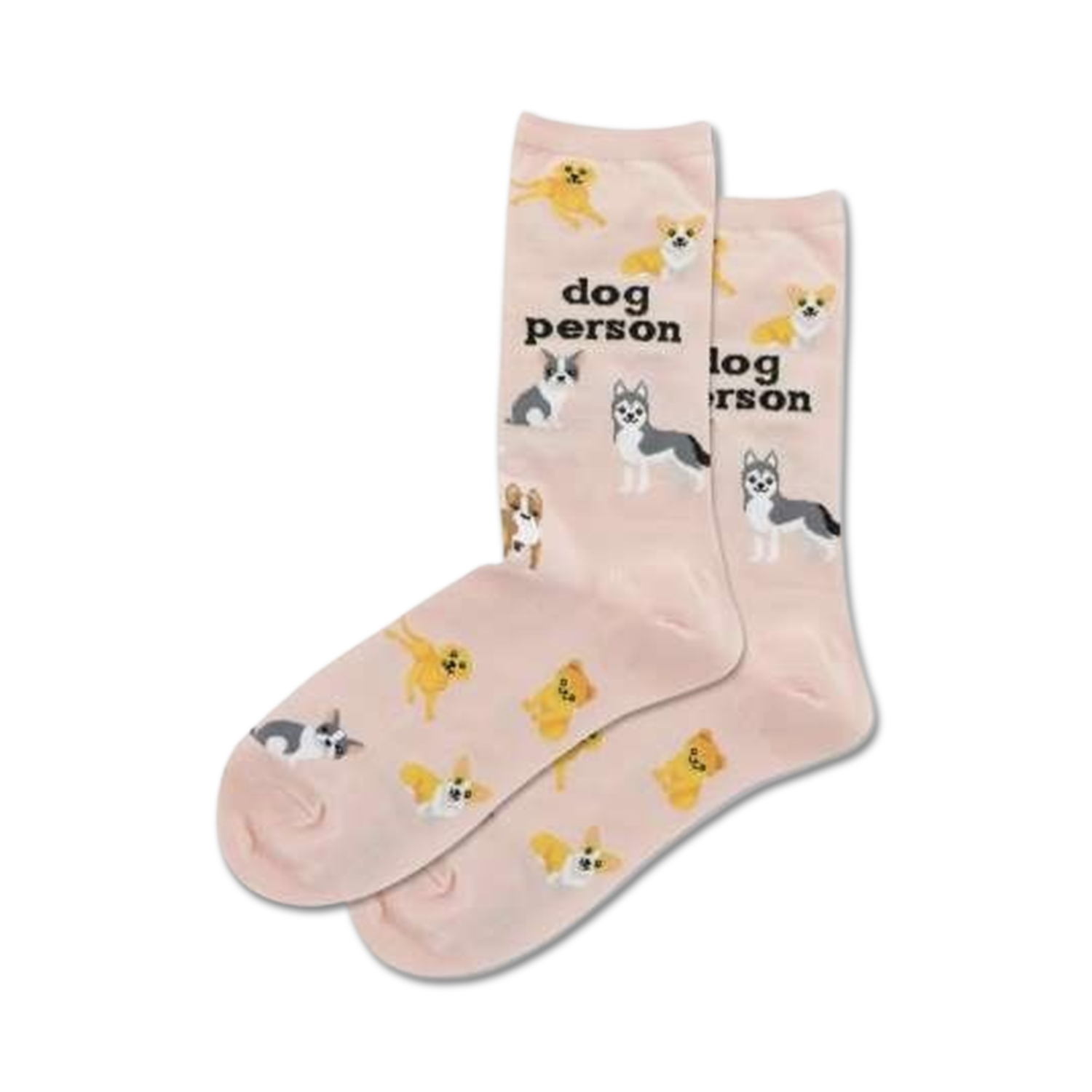 Pair of pink crew socks featuring various dog breeds and the text 'Dog Person'.