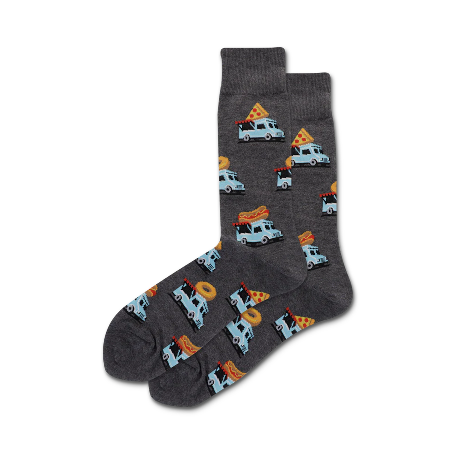 Pair of crew socks in grey and blue, featuring a pattern of light blue food trucks carrying pizza slices, hot dogs, and donuts.