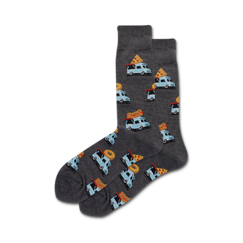 men's food truck themed gray crew socks boast blue food trucks serving pizza, hot dogs, and donuts.   