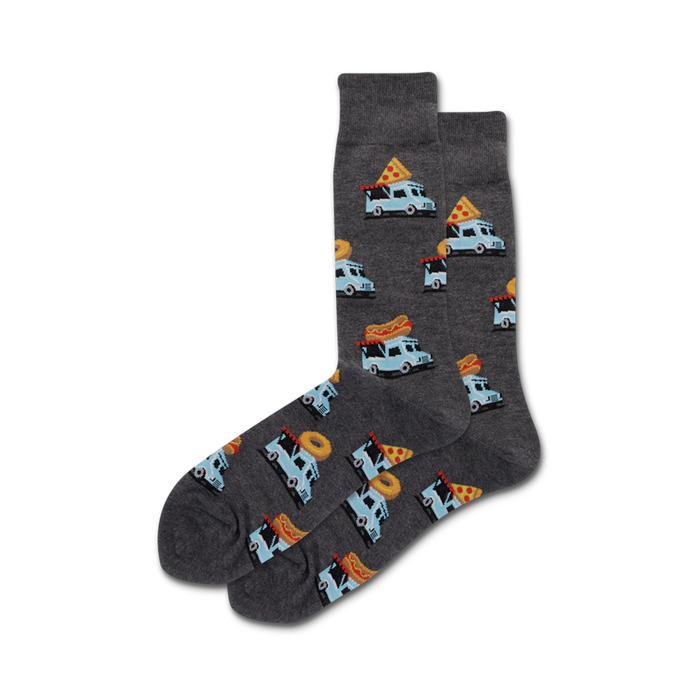 men's food truck themed gray crew socks boast blue food trucks serving pizza, hot dogs, and donuts.   