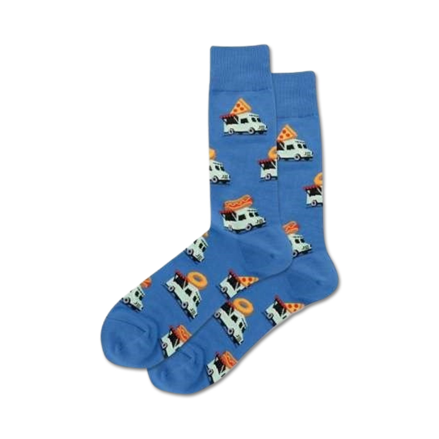 Lifestyle shot of the blue Food Truck socks on a person's feet, showing them being worn.