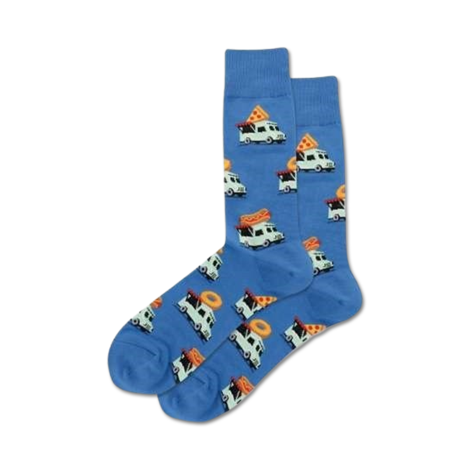Lifestyle shot of the blue Food Truck socks on a person's feet, showing them being worn.