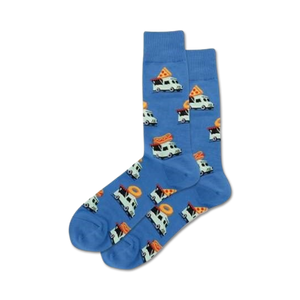 blue crew socks for men feature an allover pattern of white food trucks with food on top, perfect for the foodie on the go.   