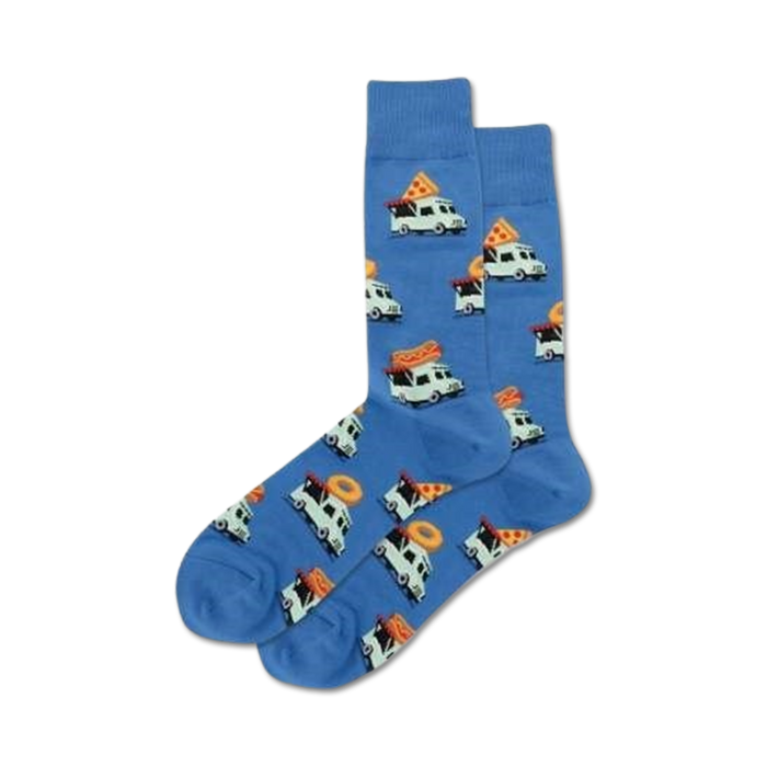 blue crew socks for men feature an allover pattern of white food trucks with food on top, perfect for the foodie on the go.   