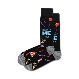 black crew socks for men with "happy me day" text and colorful party balloons and streamers.   