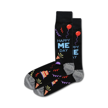 black crew socks for men with "happy me day" text and colorful party balloons and streamers.   