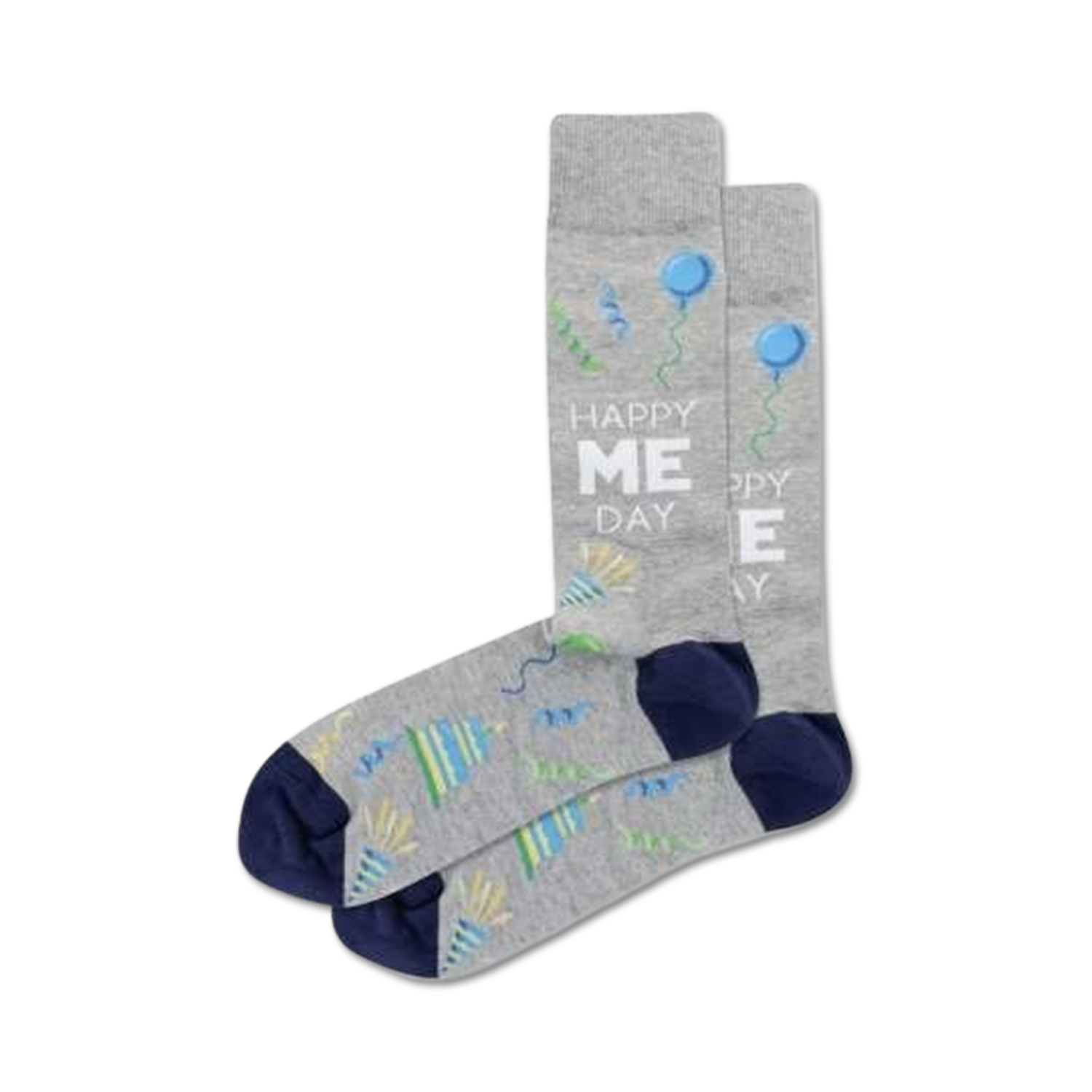 Lifestyle shot showing the grey 'Happy Me Day' socks on a person's feet.