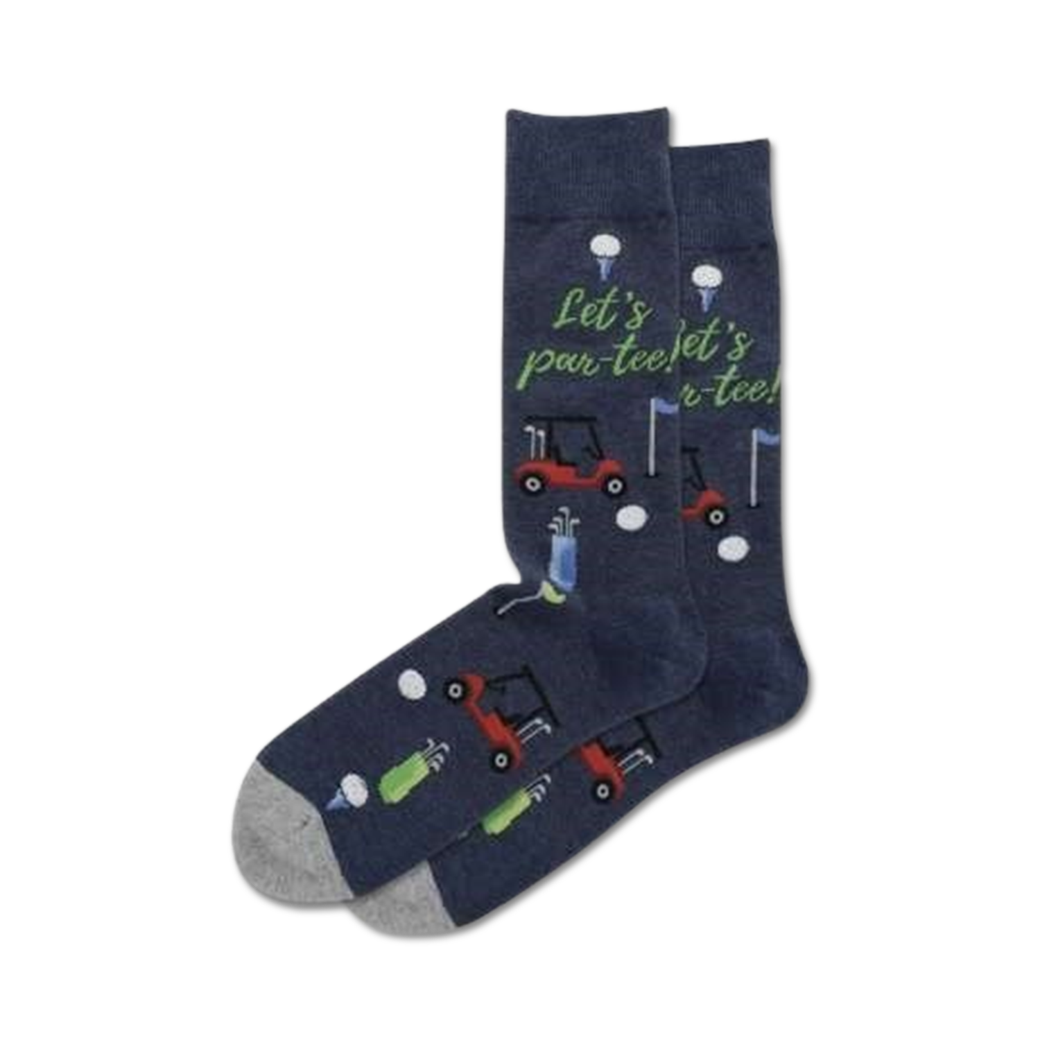 Three pairs of navy blue crew socks with a golf-themed design, including golf carts, golf balls, and golf clubs.