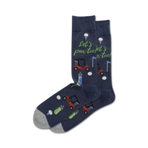 Three pairs of navy blue crew socks with a golf-themed design, including golf carts, golf balls, and golf clubs.