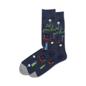 dark blue crew socks with colorful golf-themed patterns and the words 