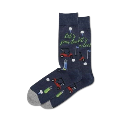 dark blue crew socks with colorful golf-themed patterns and the words "let's par-tee let's r-tee!" perfect for golf lovers!  