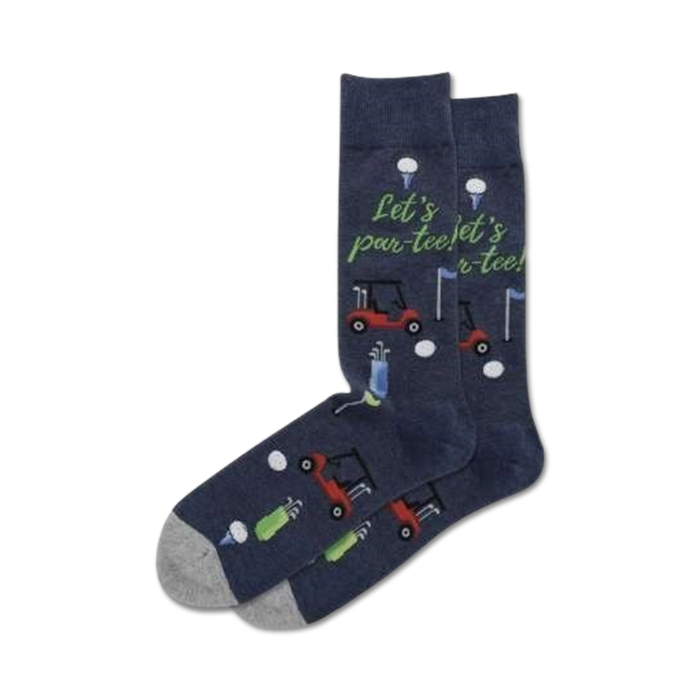 dark blue crew socks with colorful golf-themed patterns and the words 