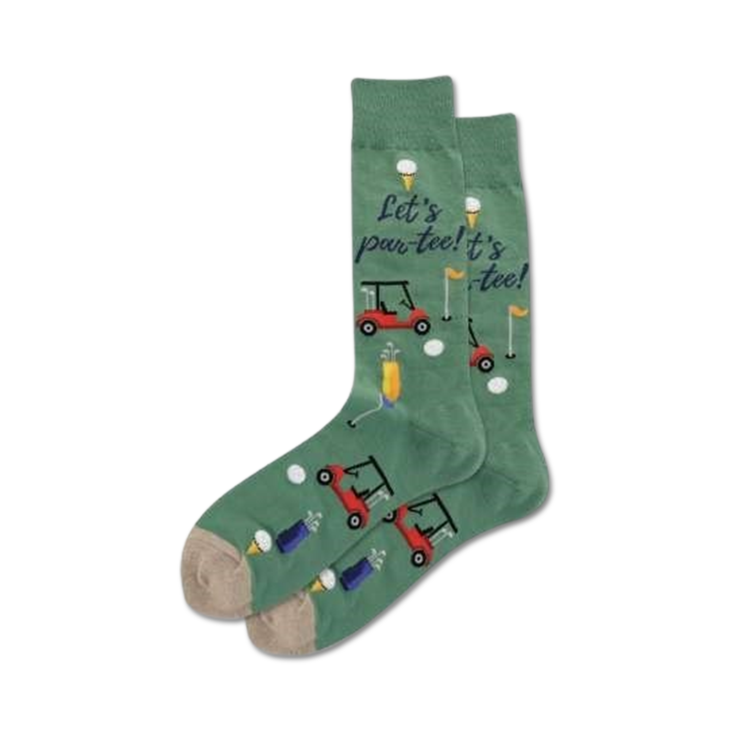 Lifestyle shot: A person's feet wearing the green 'Let's Par-Tee' golf socks.