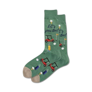 dark green crew socks with golf-related items and the words 
