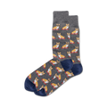 Pair of crew socks in grey with a repeating pattern of corgis skateboarding. The corgis wear sunglasses and the socks have navy blue cuffs.