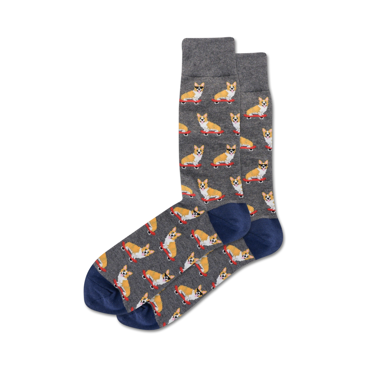 Pair of crew socks in grey with a repeating pattern of corgis skateboarding. The corgis wear sunglasses and the socks have navy blue cuffs.