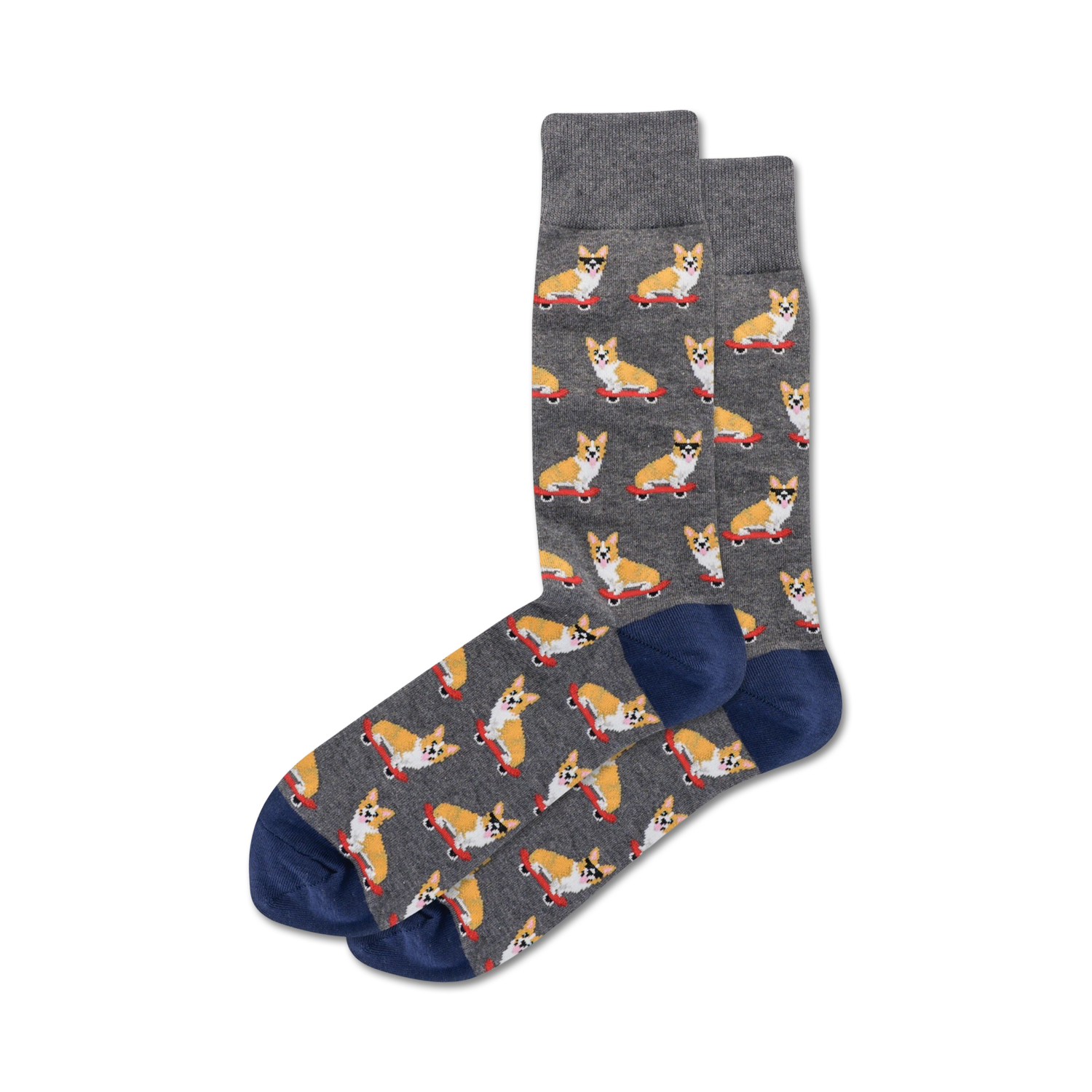 Pair of crew socks in grey with a repeating pattern of corgis skateboarding. The corgis wear sunglasses and the socks have navy blue cuffs.