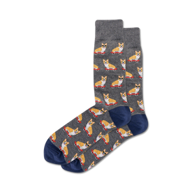 gray with blue toes and heels, these cotton blend crew socks feature a pattern of skateboarding corgis wearing sunglasses and red skateboards.  