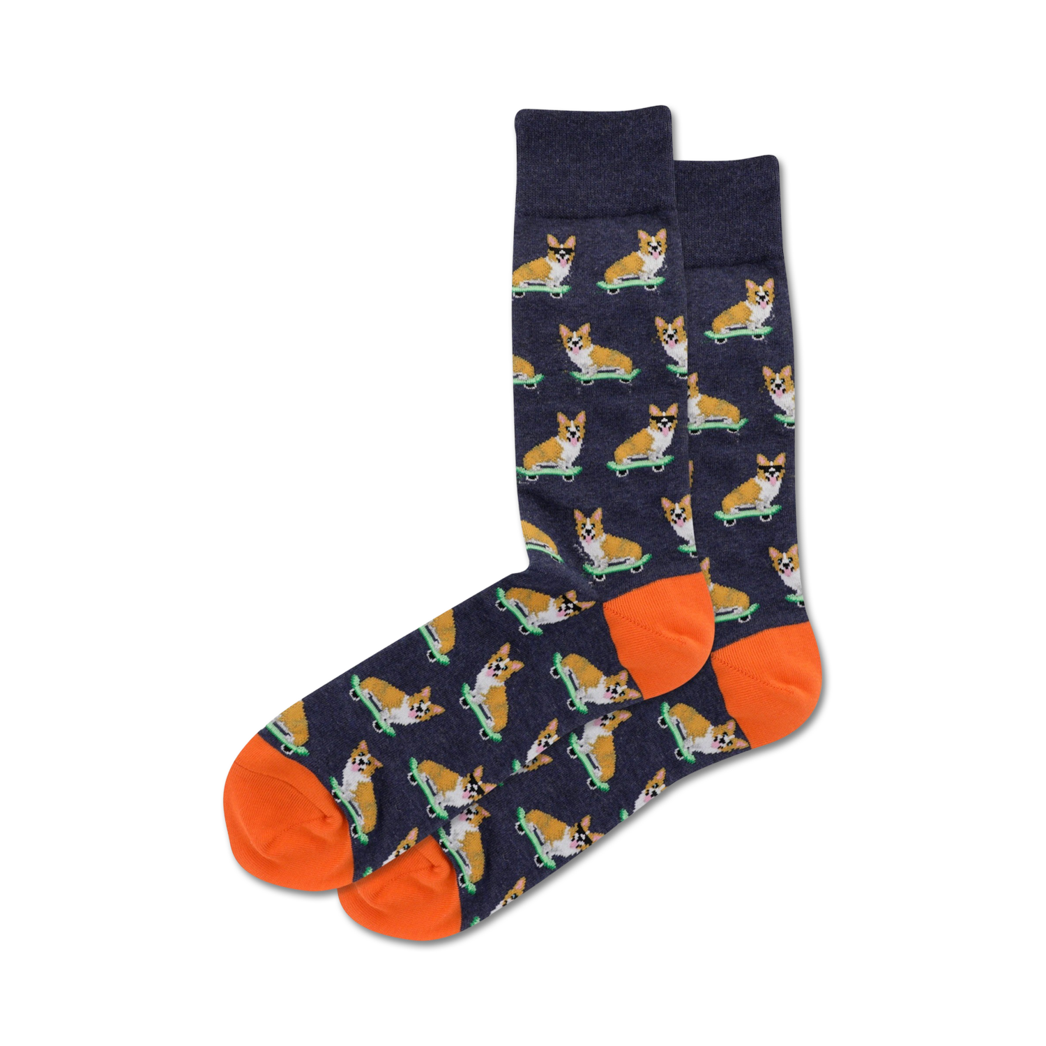 Close-up view of a pair of navy blue Skateboarding Corgi socks with orange cuffs. The same corgi pattern is shown.