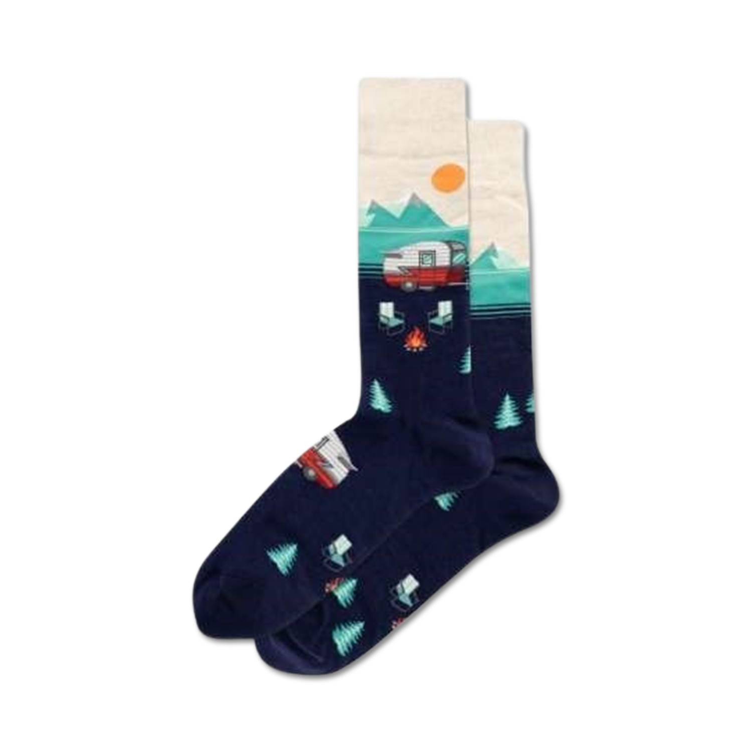 Pair of navy crew socks with a cream-colored band showing a red camper van, teal trees, and mountains. 