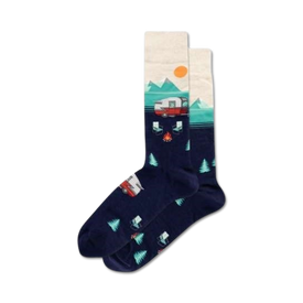mens crew sock design features camper, chairs, evergreen trees, campfire and mountains.  