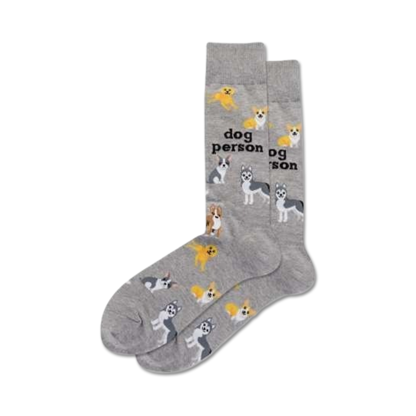 Pair of gray crew socks with a pattern of various dog breeds and the text 'Dog Person'.