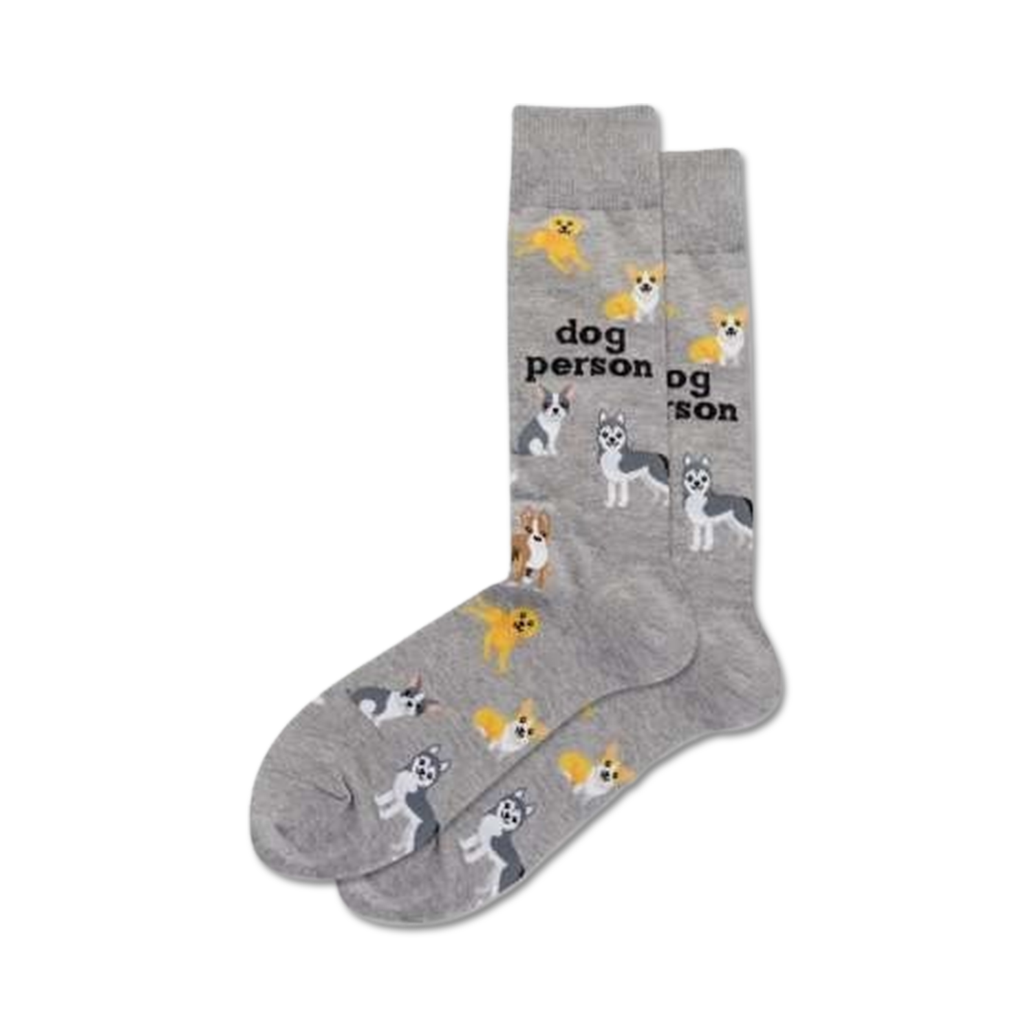 Pair of gray crew socks with a pattern of various dog breeds and the text 'Dog Person'.