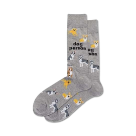 gray crew socks with cartoon dogs wearing yellow bandanas and the words "dog person" for men.  