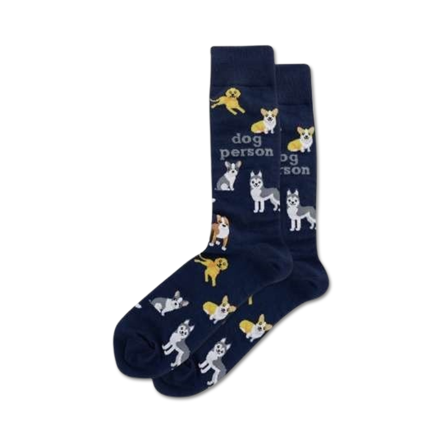 Lifestyle shot showing the navy blue 'Dog Person' socks on a person's feet.