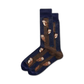 Pair of crew socks in navy blue and brown. Features a repeating pattern of brown owls on vertical brown stripes.