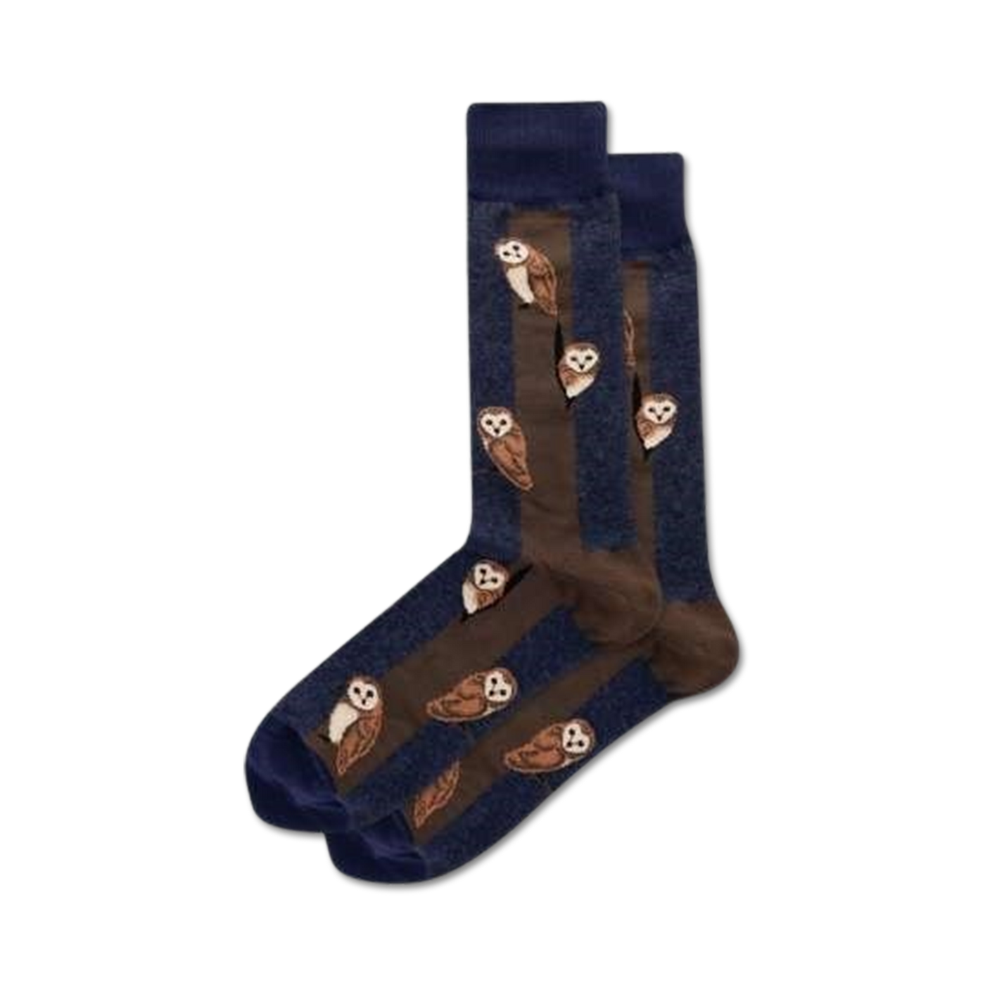 Pair of crew socks in navy blue and brown. Features a repeating pattern of brown owls on vertical brown stripes.