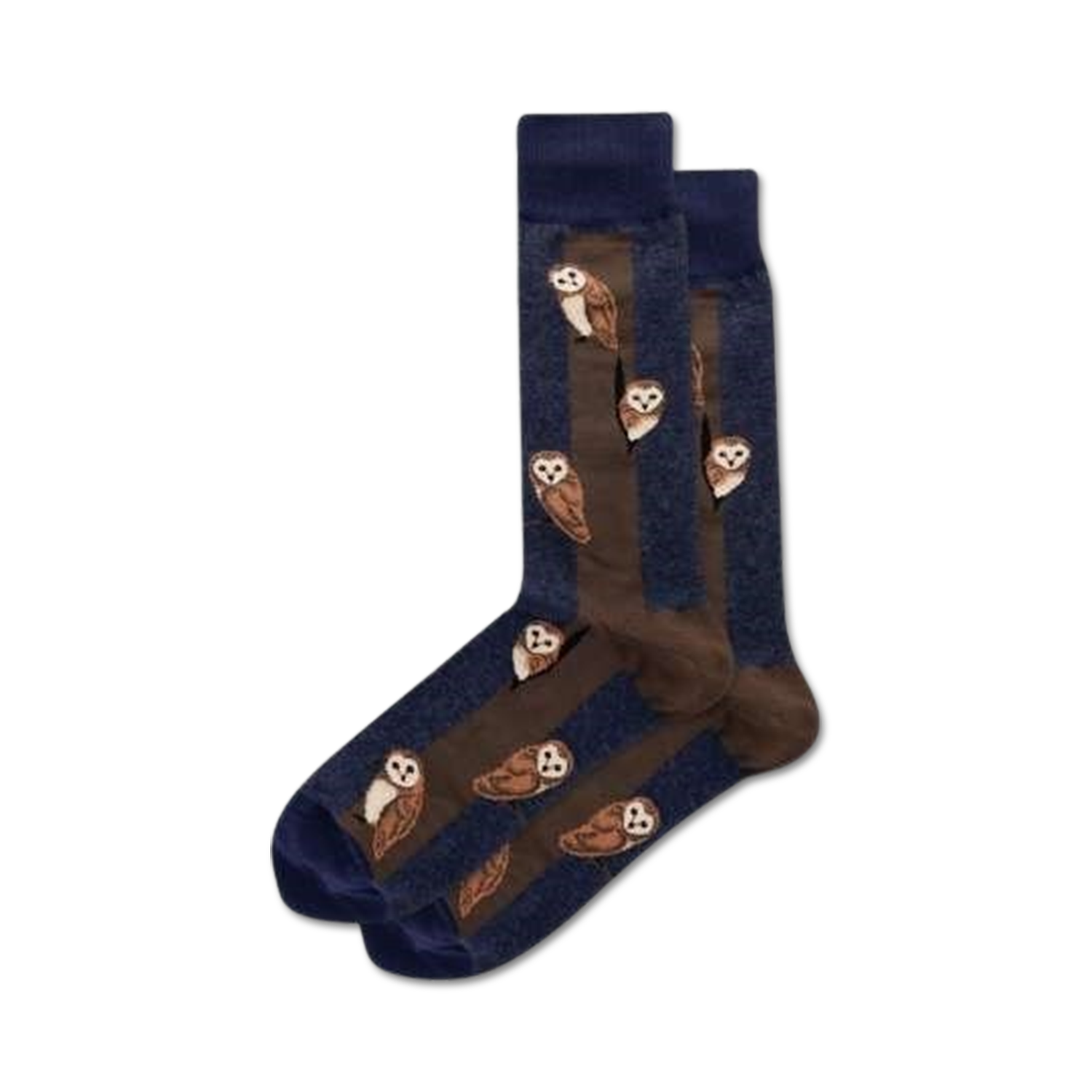 Pair of crew socks in navy blue and brown. Features a repeating pattern of brown owls on vertical brown stripes.