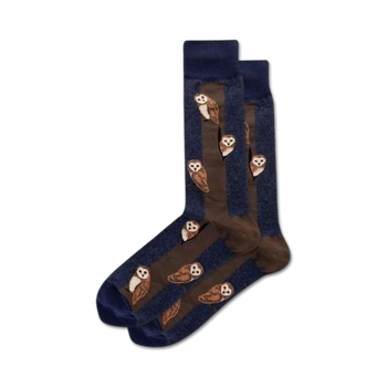 dark blue crew socks featuring a pattern of brown owls looking straight ahead in vertical columns.   