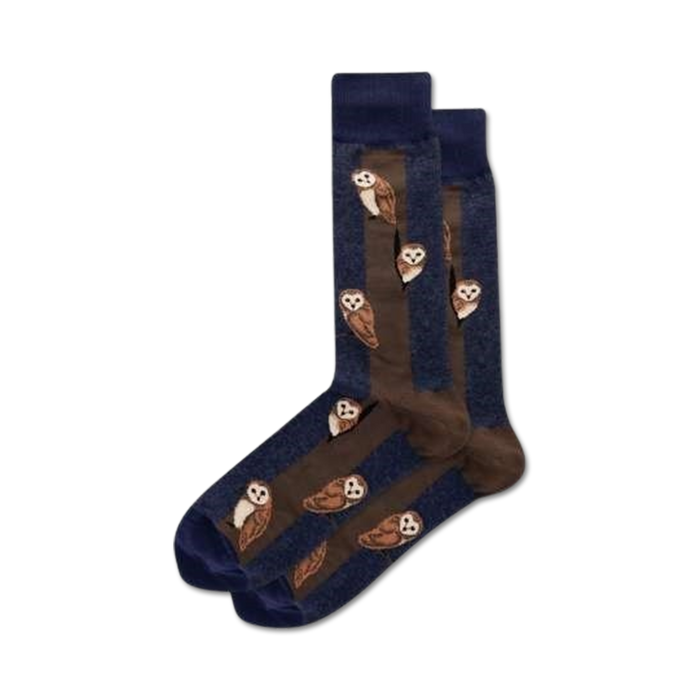 dark blue crew socks featuring a pattern of brown owls looking straight ahead in vertical columns.    }}