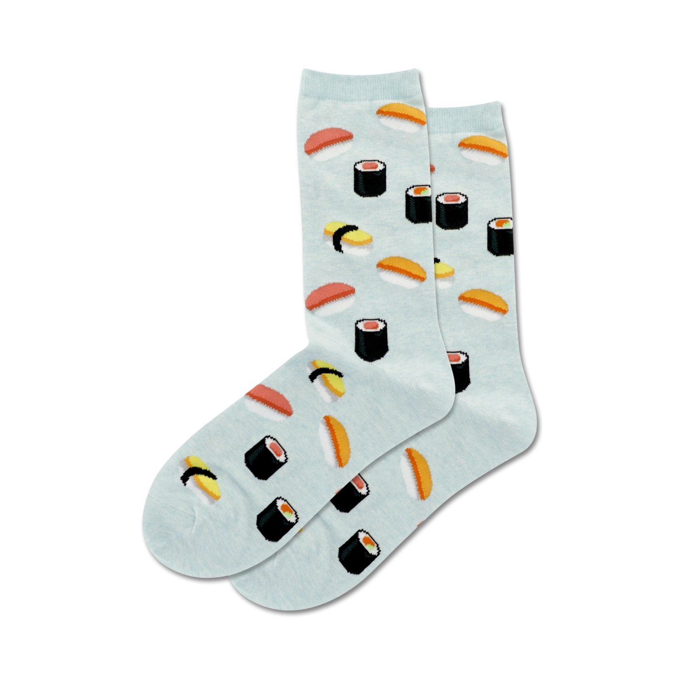 Pair of light blue crew socks adorned with cute illustrations of various sushi types like maki and nigiri.