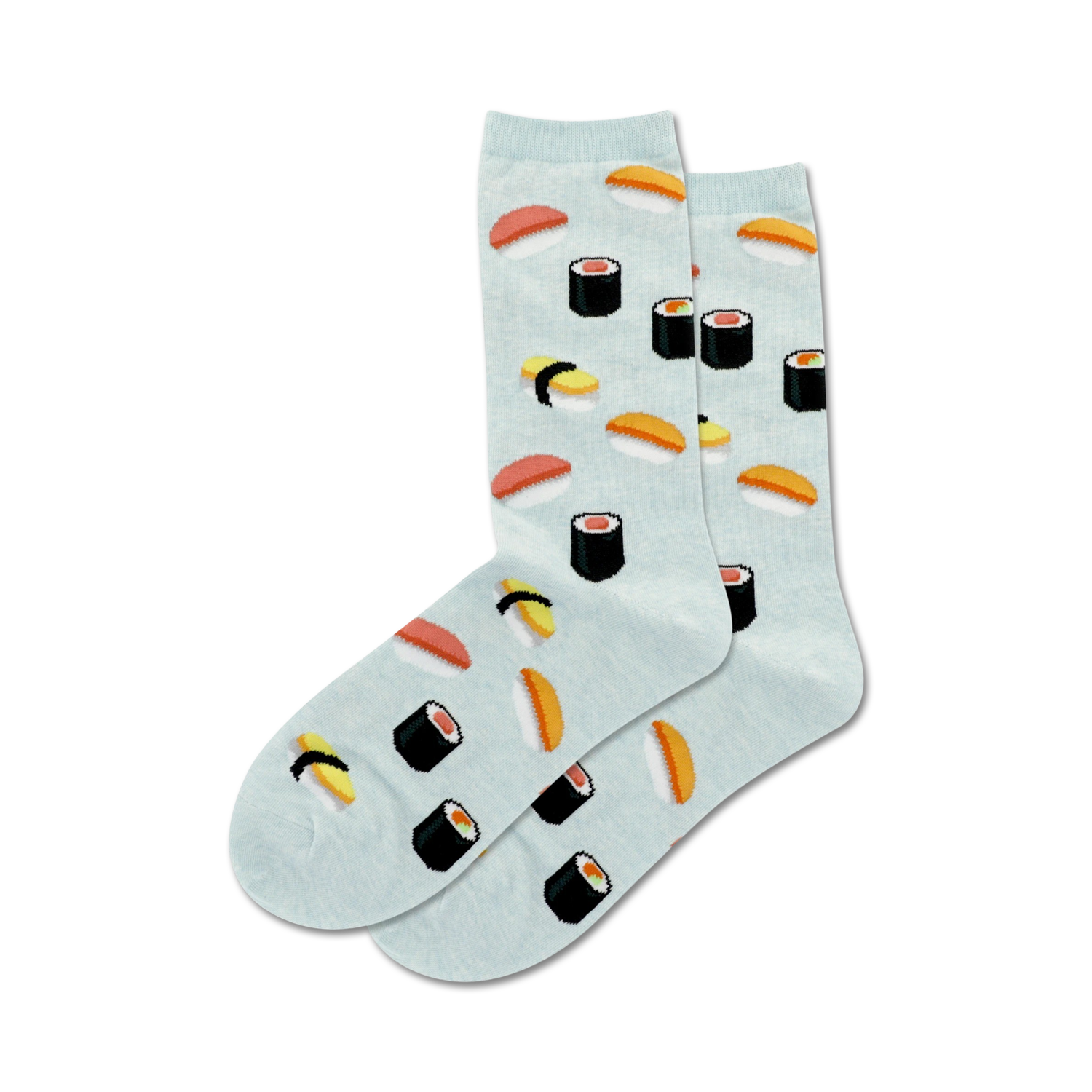 Pair of light blue crew socks adorned with cute illustrations of various sushi types like maki and nigiri.